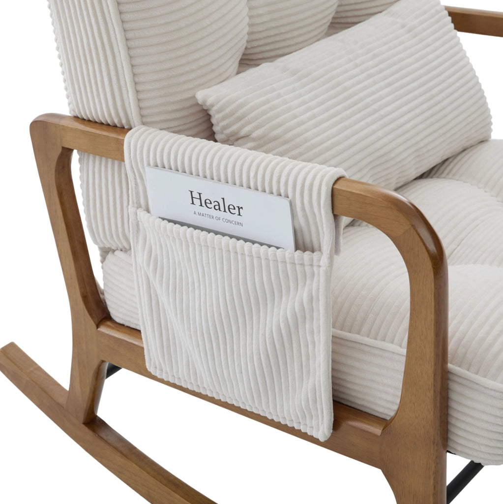 Sedia a dondolo 70x80x92 cm con poggiapiedi e tasca laterale; legno e corduroy beige