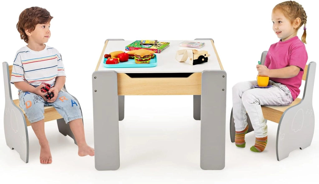 3 in 1 Set Tavolo e Sedie per Bambini, Tavolo da Attività per Bambini con 2 Sedie, Lavagna Rimovibile e Deposito, per Giocare, Disegnare e Leggere, in Legno (bianco)