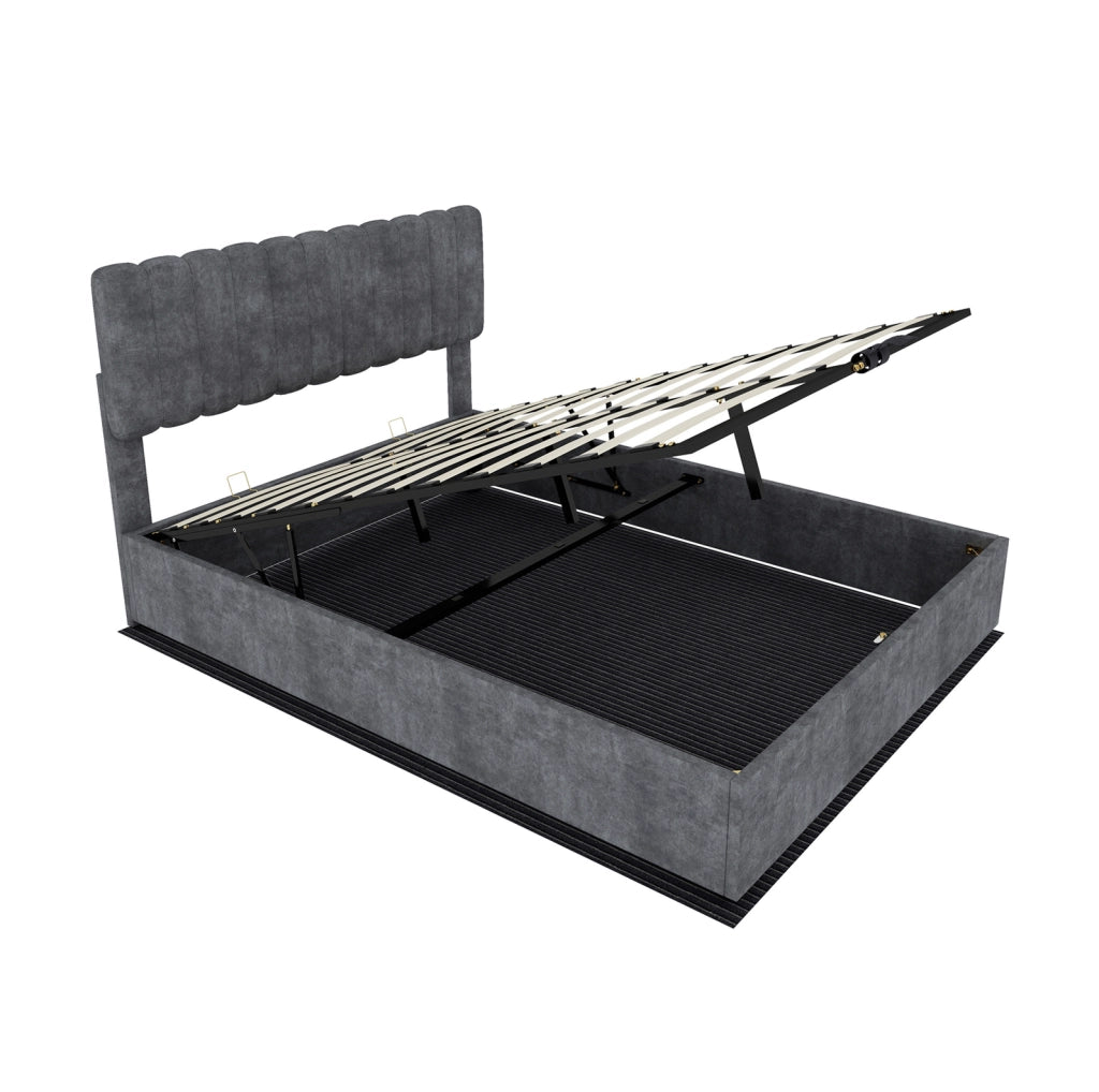 Letto imbottito 140x200 cm grigio con contenitore e testiera morbida