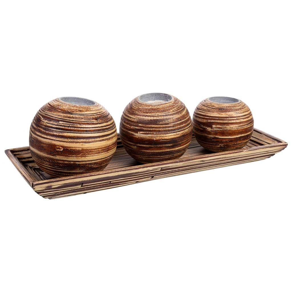 Set vassoio e 3 portacandele in legno di bambù marrone 33x13x3h cm