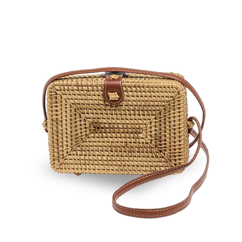 Borsetta rettangolare in vimini intrecciato con tracolla simipelle cm 18,5x12,5
