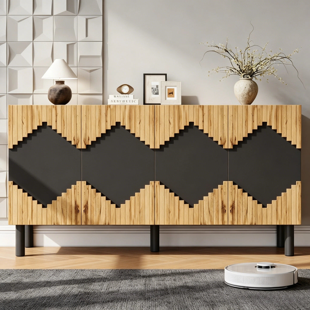 Credenza moderna con ante push-open, 140x40x70 cm, rovere naturale e nero