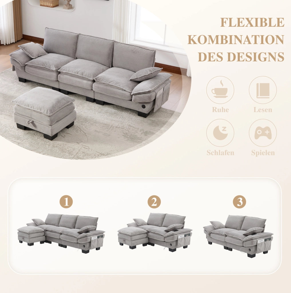 Divano modulare 3 posti con pouf; in tessuto effetto corda grigio chiaro; 260x132x84 cm
