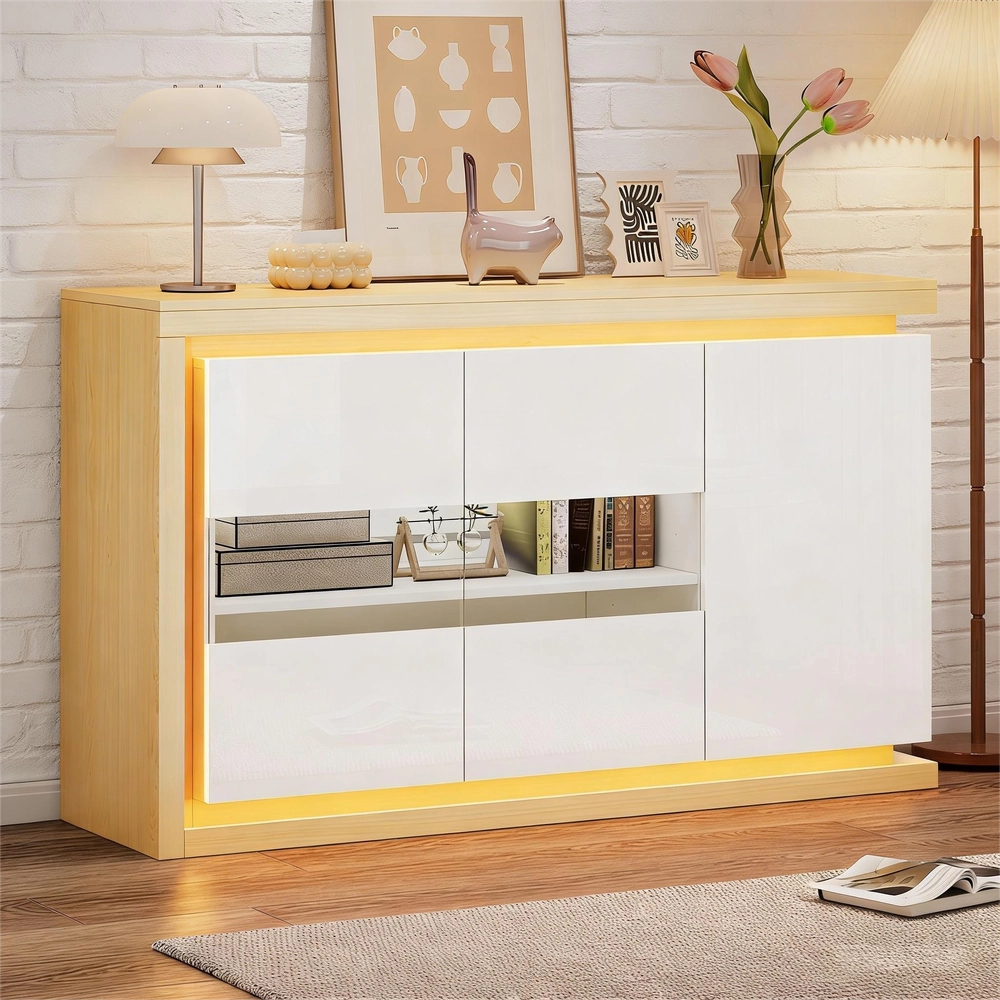 Credenza con LED ¨C MINIMAL ¨C Bianca, Ante in Vetro Temperato, Ripiani, 140x40x84
