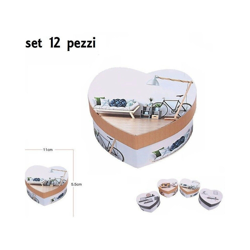 Trade Shop - Set 12 Scatola Box Confezione Da Regalo Con Cuori Fantasia 11x5.5cm In Cartone -