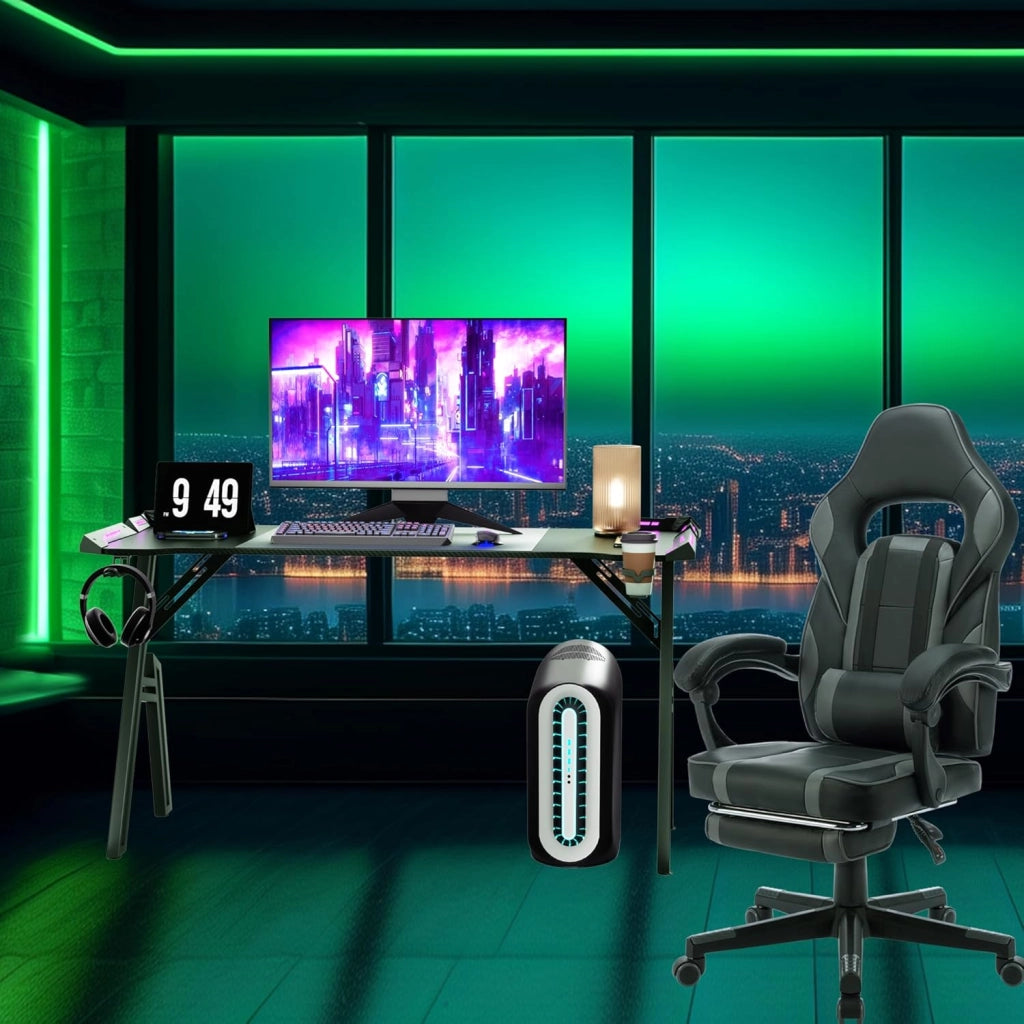 Tavolo da gioco con LED, 140 x 60 cm, scrivania per computer con superficie in fibra di carbonio, scrivania da ufficio, tavolo con gancio per cuffie e porta bevande, nero