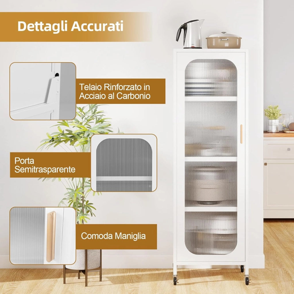 Mobile da Cucina in Metallo a 5 Ripiani, Credenza Salvaspazio con Mensole Regolabili 4 Ruote, Base Intercambiabile e Porta Semitrasparente, Organizzatore per Sala da Pranzo, Soggiorno (Bianco)