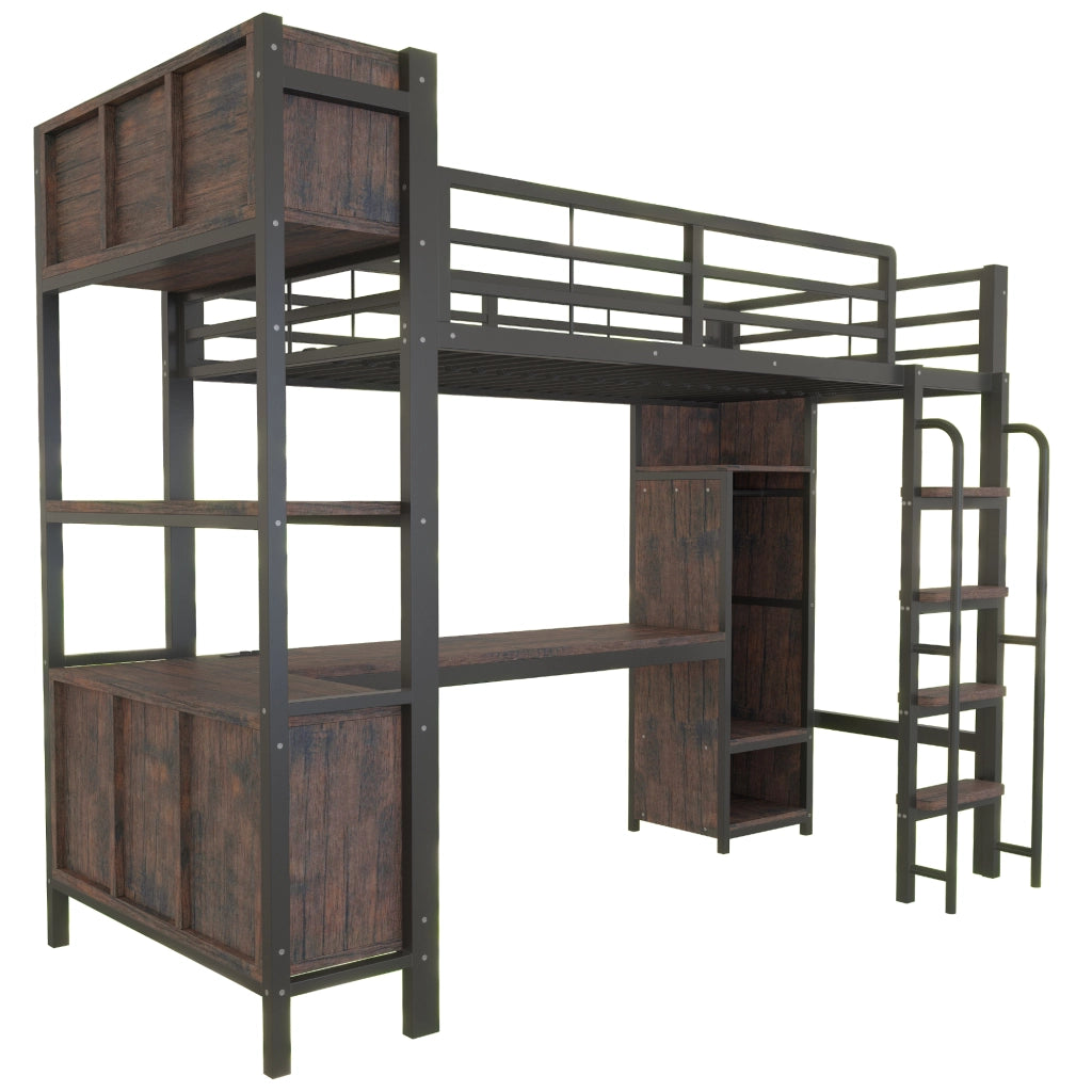 Letto a soppalco singolo 90 × 200 cm con scrivania, armadio, prese e led, senza materasso, metallo nero