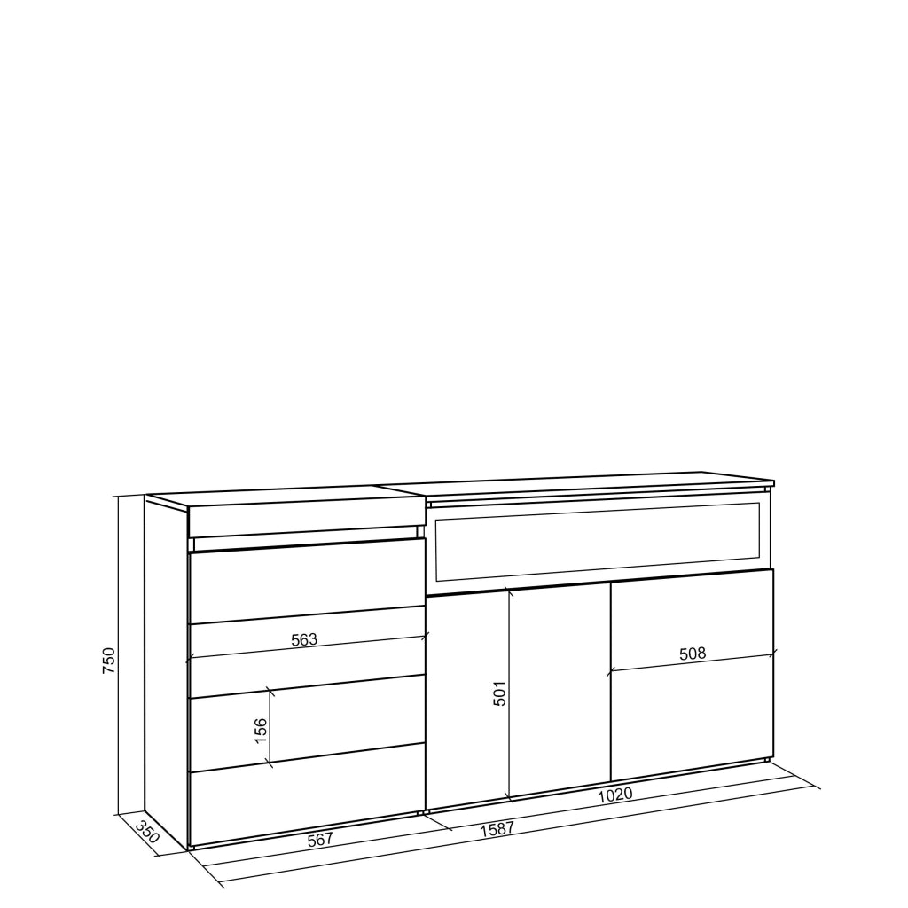 Cassettiera, 157x35x75cm, Camera da letto, Camino elettrico, Bianco e nero RF3424