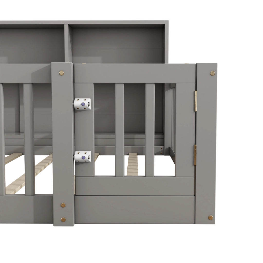 Divano letto 140×200 cm; letto matrimoniale con vani laterali; barriera di sicurezza; senza materasso; in legno di pino e MDF; grigio