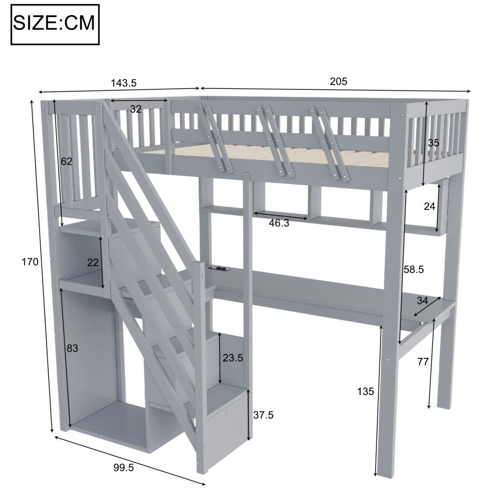 Letto a soppalco per bambini 90x200 cm con scrivania; LED e scala contenitore grigio