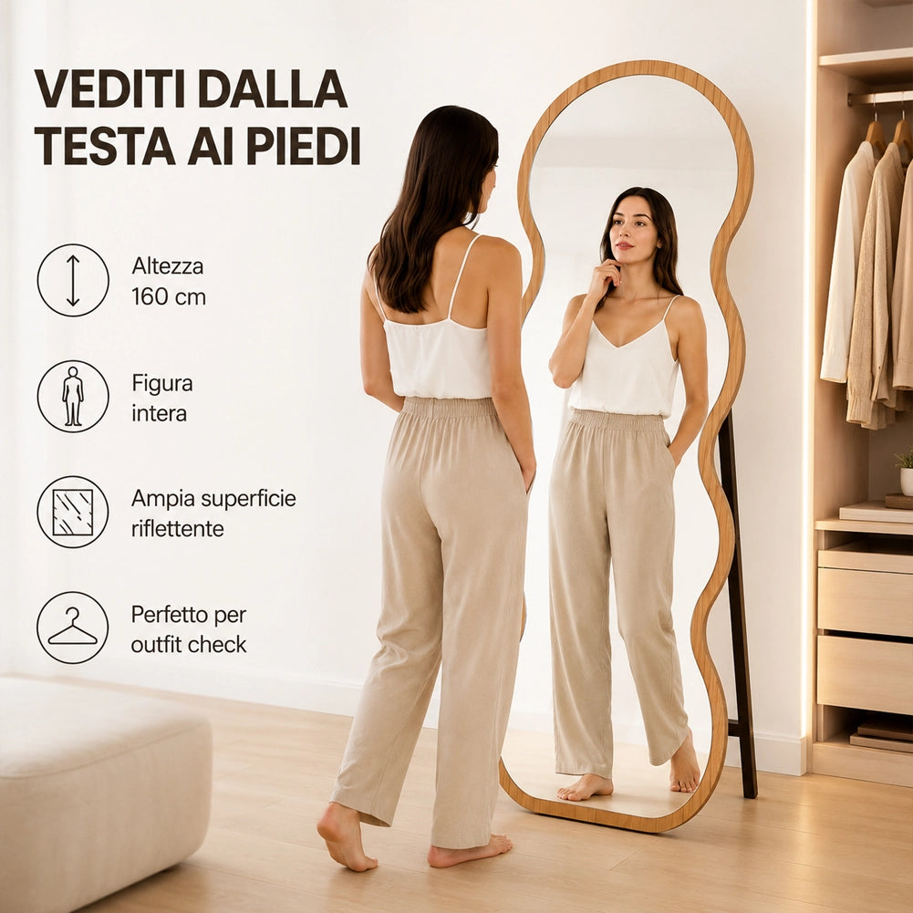 Specchio Ondulato Quercia Autoportante Struttura in Legno Design Moderno 160x60cm