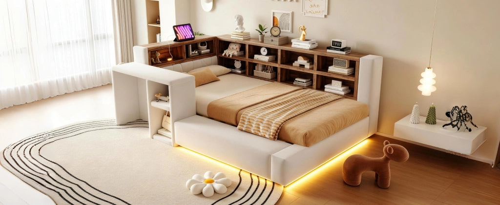 Letto imbottito 90 x 200 cm con contenitore, USB/LED e tavolino laterale, beige