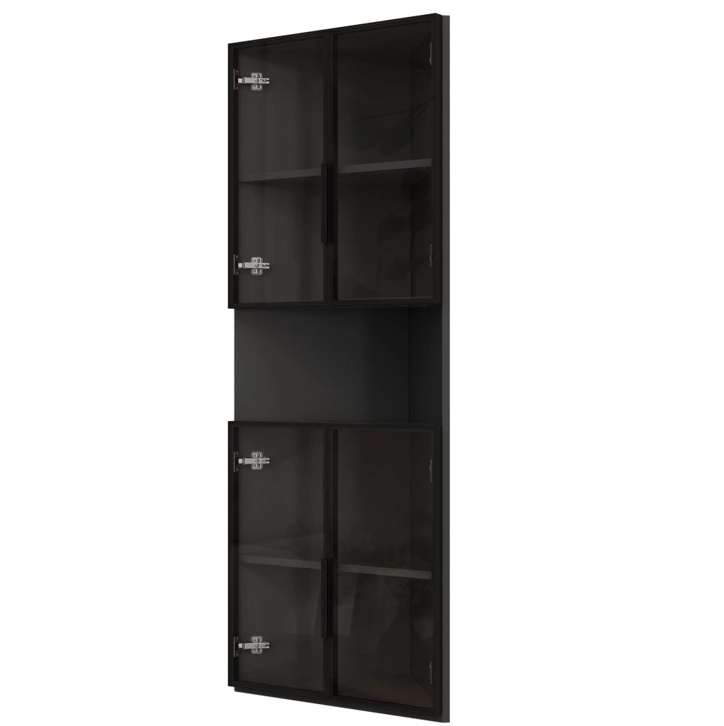 Vetrina angolare triangolare 62x32x160 cm in MDF nero con frontali in vetro e LED
