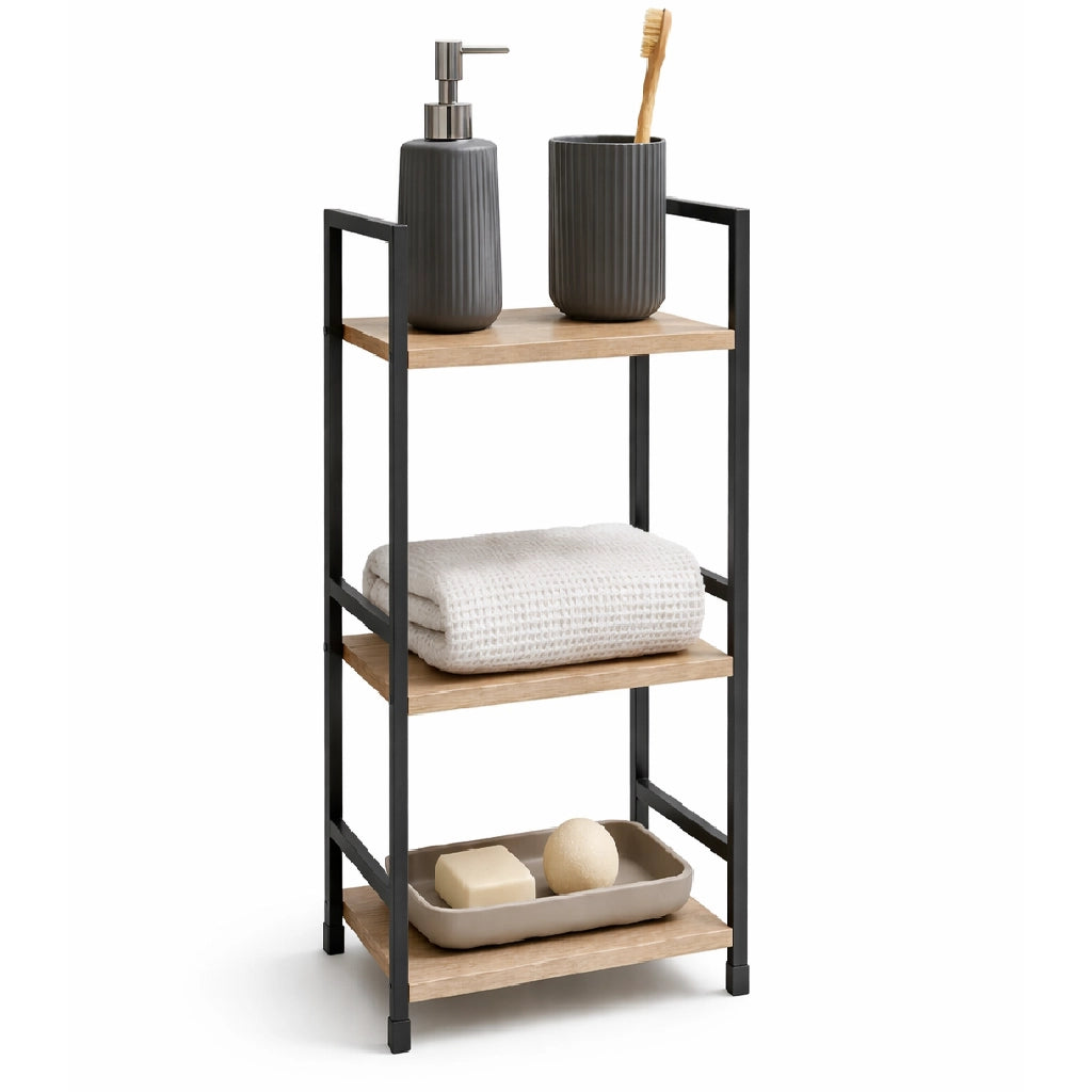 Mobile Scaffale Industrial 3 Ripiani Metallo Nero Legno Mdf Rovere 29x24 H80cm