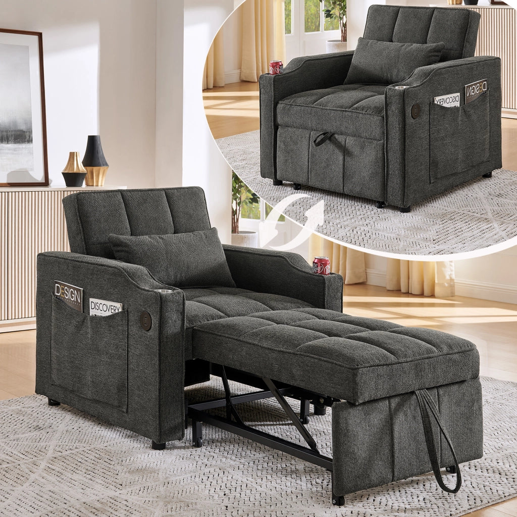 Fauteuil convertible 3 in 1 con funzione letto schienale regolabile a 3 posizioni USB e USB-C in tessuto grigio scuro