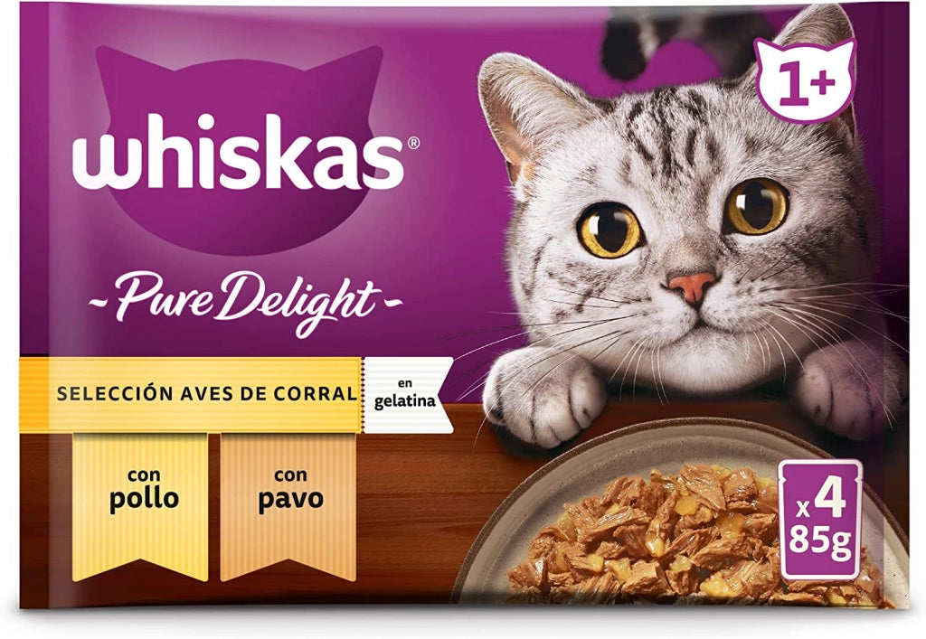 WHISKAS PURE DELIGHT CARNE IN GELATINA 4X85 GR 2 GUSTO POLLO 2 GUSTO TACCHINO