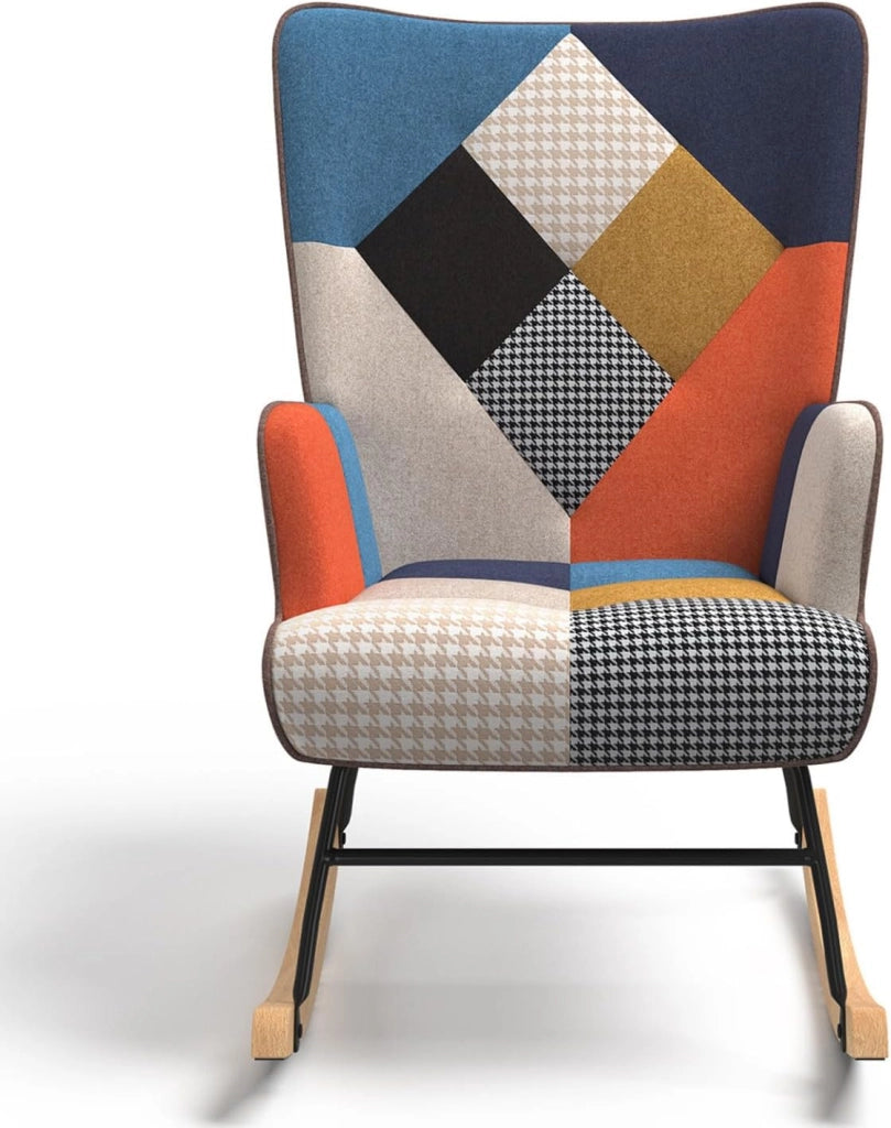 Poltrona scandinava IVAR in tessuto patchwork a dondolo multicolore