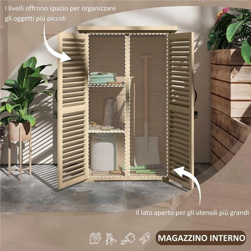 ARMADIO DA ESTERNO PORTAOGGETTI A 2 RIPIANI CON PICCHETTI, IN LEGNO DI ABETE, 75X50X111/118 CM