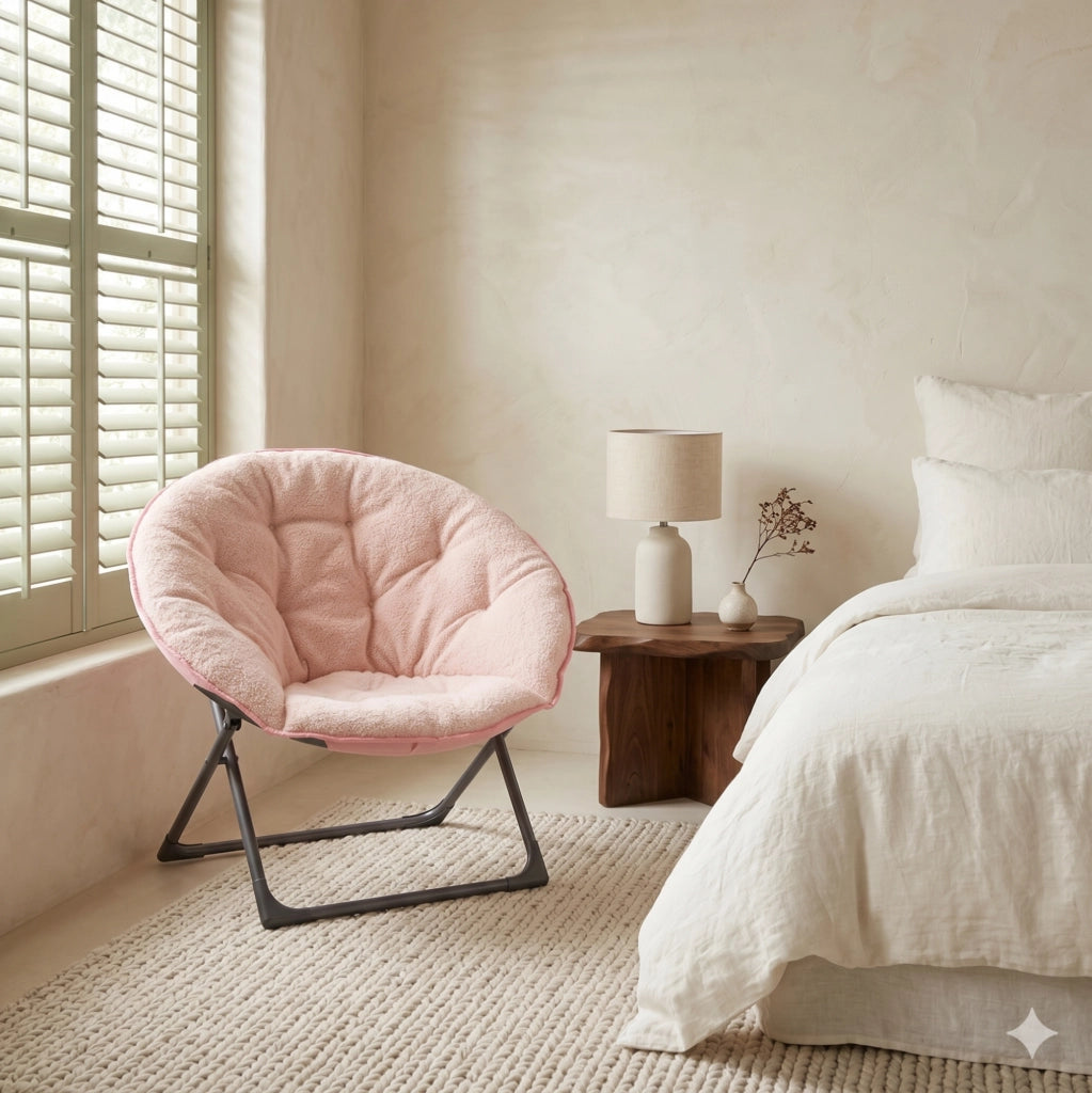Sedia luna pieghevole ULEVR rosa con schienale rotondo imbottito, struttura in metallo, portata 110 kg