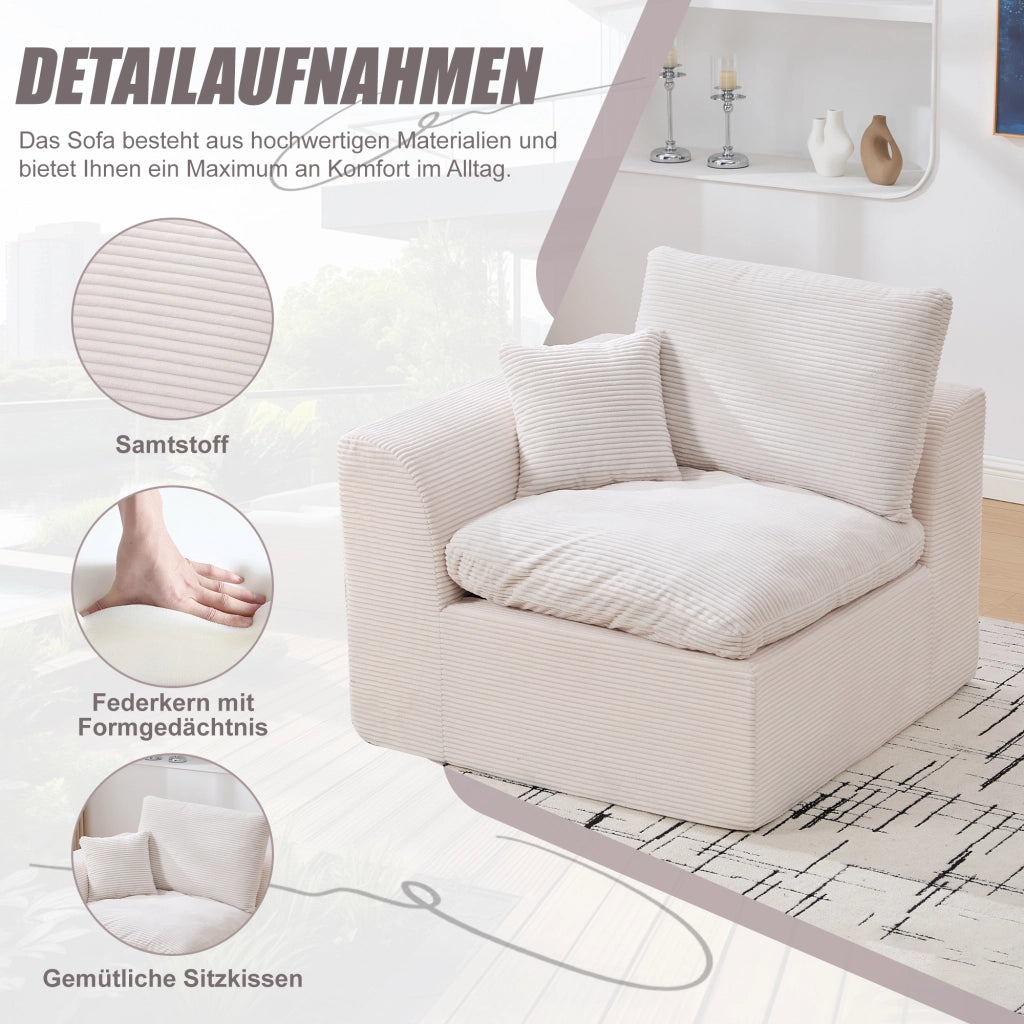 OKWISH Poltrona in Velluto a Coste, Seduta in Schiuma con Molle e Cuscino Incluso, Design Minimalista, Beige 101 × 102.5 × 84 cm