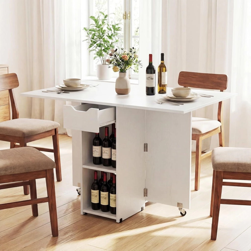 Tavolo da Pranzo Pieghevole, Tavolo Salvaspazio per 4-6 Persone con 2 Ripiani, Cassetto e Ruote a Freno, Tavolino Cucina per Cucina, Soggiorno e Ufficio, 120 x 72 x 75 cm (Bianco)