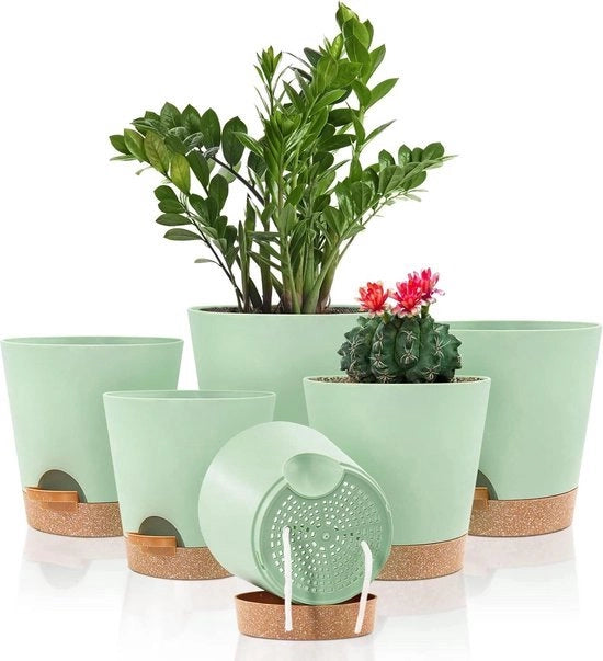 Potten autoabbezonnante per piante - Potten di plastica per piante con fori di drenaggio e coperchio - Dimensioni: 20/17.5/16.5/15/14/12.5cm - Potten autoabbezonnanti per piante da appartamento Pianta da appartamento