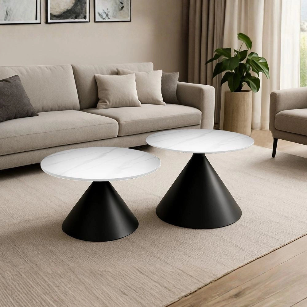 Set 2 tavolini da salotto rotondi Punto con piano effetto marmo bianco e gambe in metallo nero