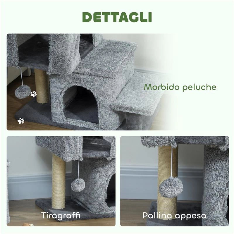 SCALETTA PER GATTI A 4 GRADINI REGOLABILE IN ALTEZZA CON 2 CASETTE, PALO TIRAGRAFFI E PALLINA, GRIGIO