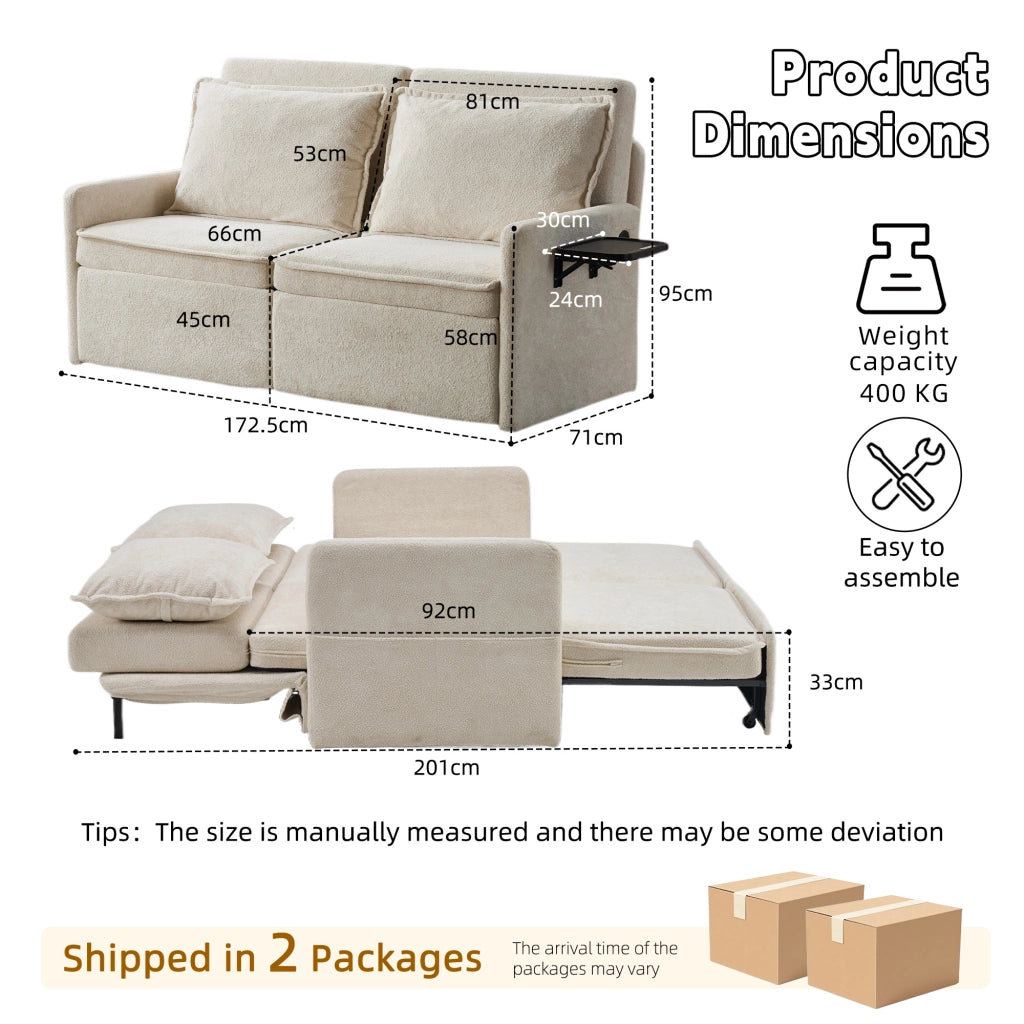 Divano letto con schienale a 5 posizioni, tasche laterali e porta USB/Type-C, in ciniglia beige