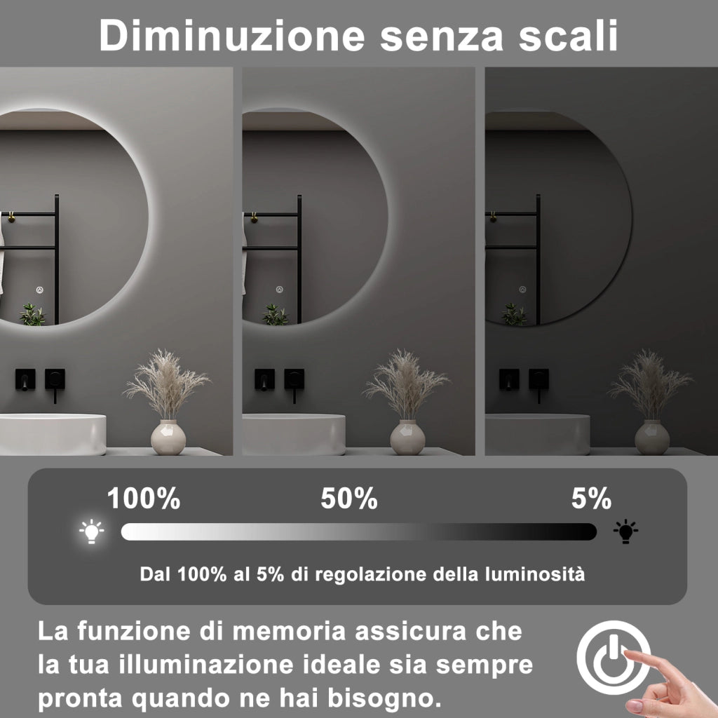 AICA Specchio da bagno 70 x 70 cm, antiappannamento, dimmerabile, interruttore touch, Funzione Memoria