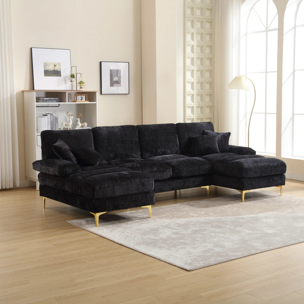 Divano Angolare Panoramico A U 6 Posti con Doppia Chaise Longue e Cuscini; Struttura In Legno; in Ciniglia Nero