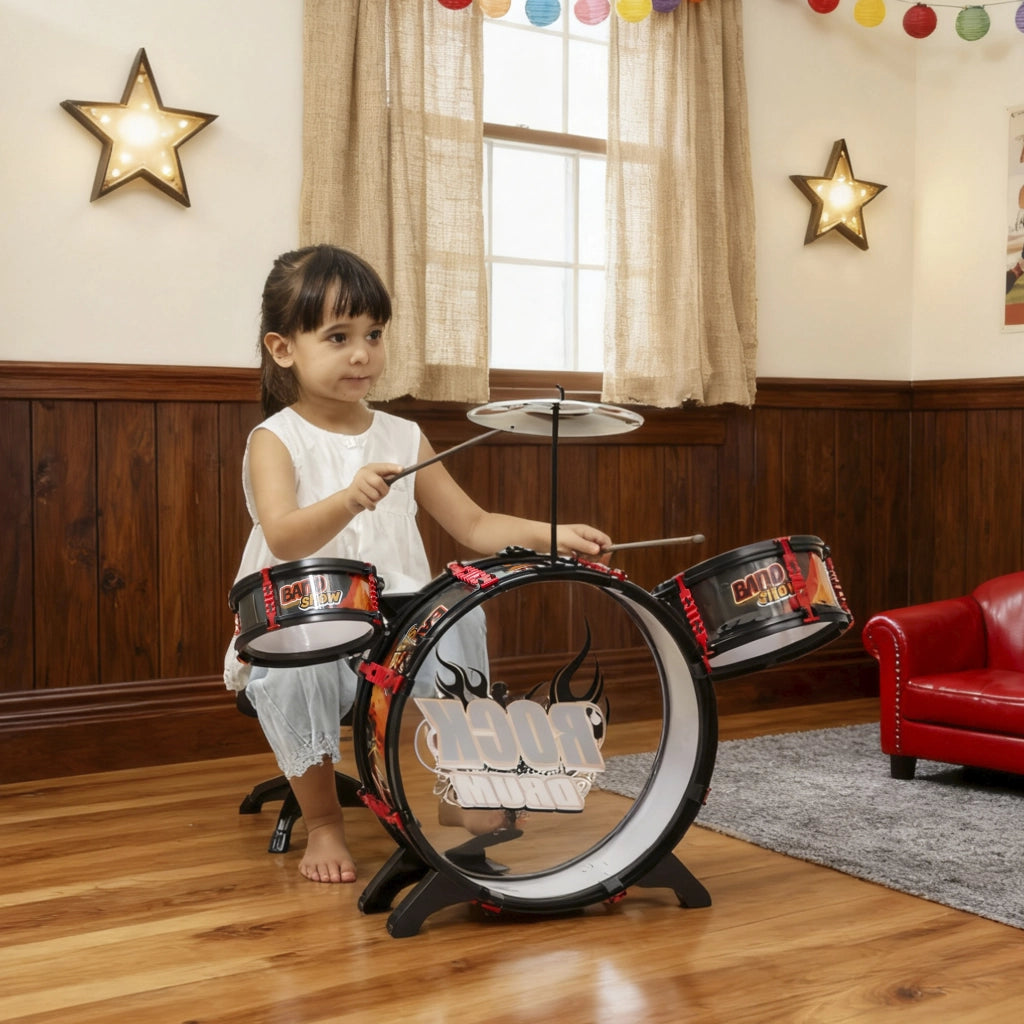 Set Batteria Giocattolo per Bambini con Sgabello, Gioco Musicale per Bambini 3-6 Anni, Nero