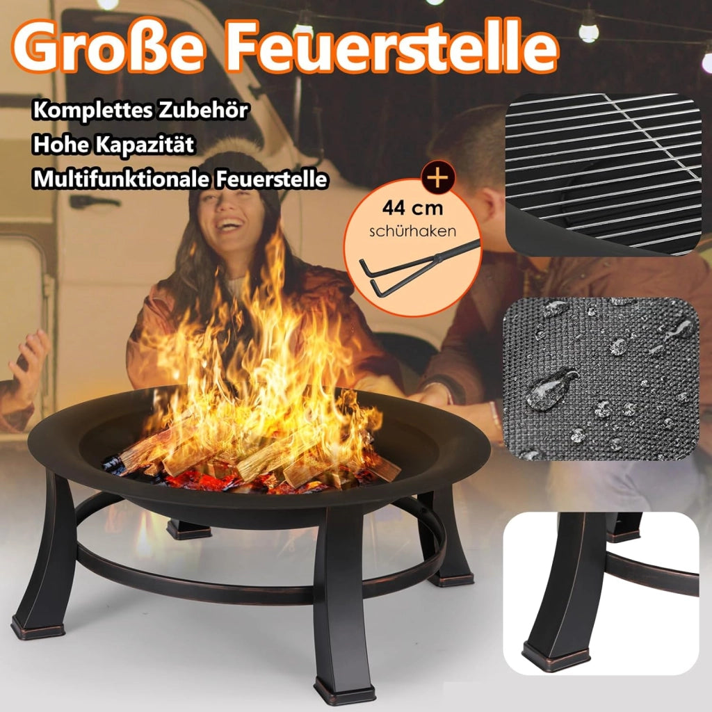 Bracieri da Giardino, Ø 76 cm Braciere con Griglia, Braciere con Parascintille y Copertura Impermeabile 600D, Braciere da Esterno, Braciere Barbecue, Grande Bracere Multifunzionale, Fire Pit, Nero
