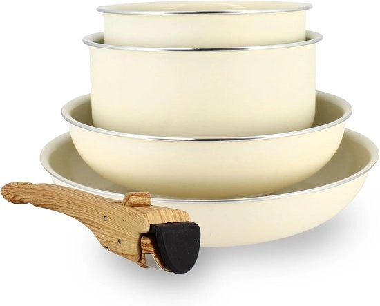 Set di pentole 5 in 1 - crema - in alluminio riciclato - con manico rimovibile