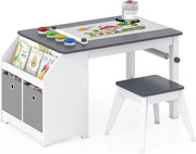 Set Tavolo e Sedia per Bambini 3+ Anni con Rotolo di Carta | Tavolo da Disegno con Sgabello, 4 Vaschette, 3 Scomparti e 2 Cassetti in Tessuto per Cameretta e Sala Giochi