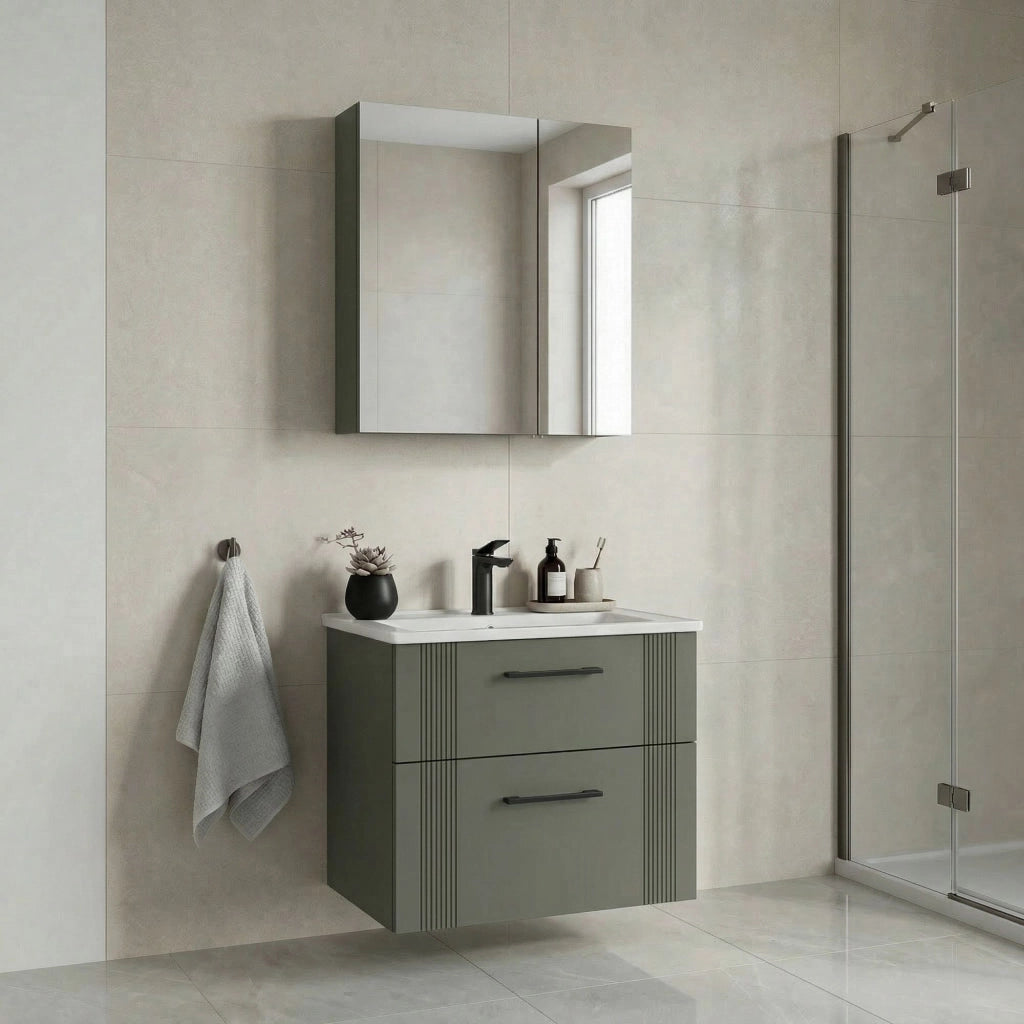 Set mobile lavabo con specchio (2 pezzi) "Bari 65 v2" - 65 x 45 x 55 cm - Verde opaco