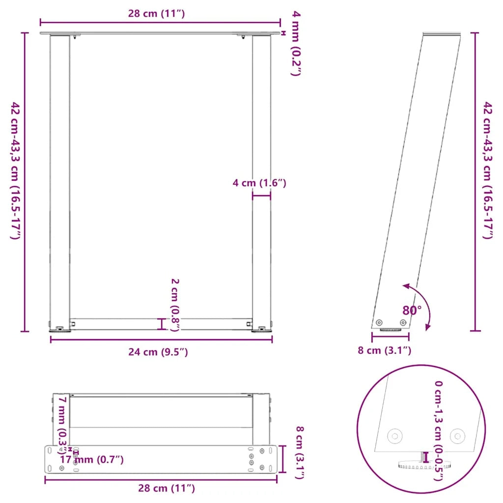 Set di 2 gambe per tavolino da caffè moderne e funzionali angolate a forma di U 28 x 42 cm in acciaio nero 02_0057040