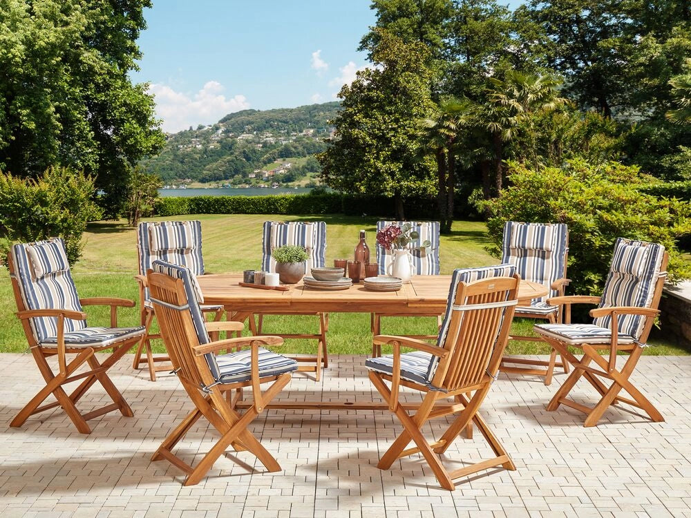 Set da pranzo all'aperto in legno di acacia chiaro con cuscini a righe tavolo a 8 posti sedie pieghevoli design rustico