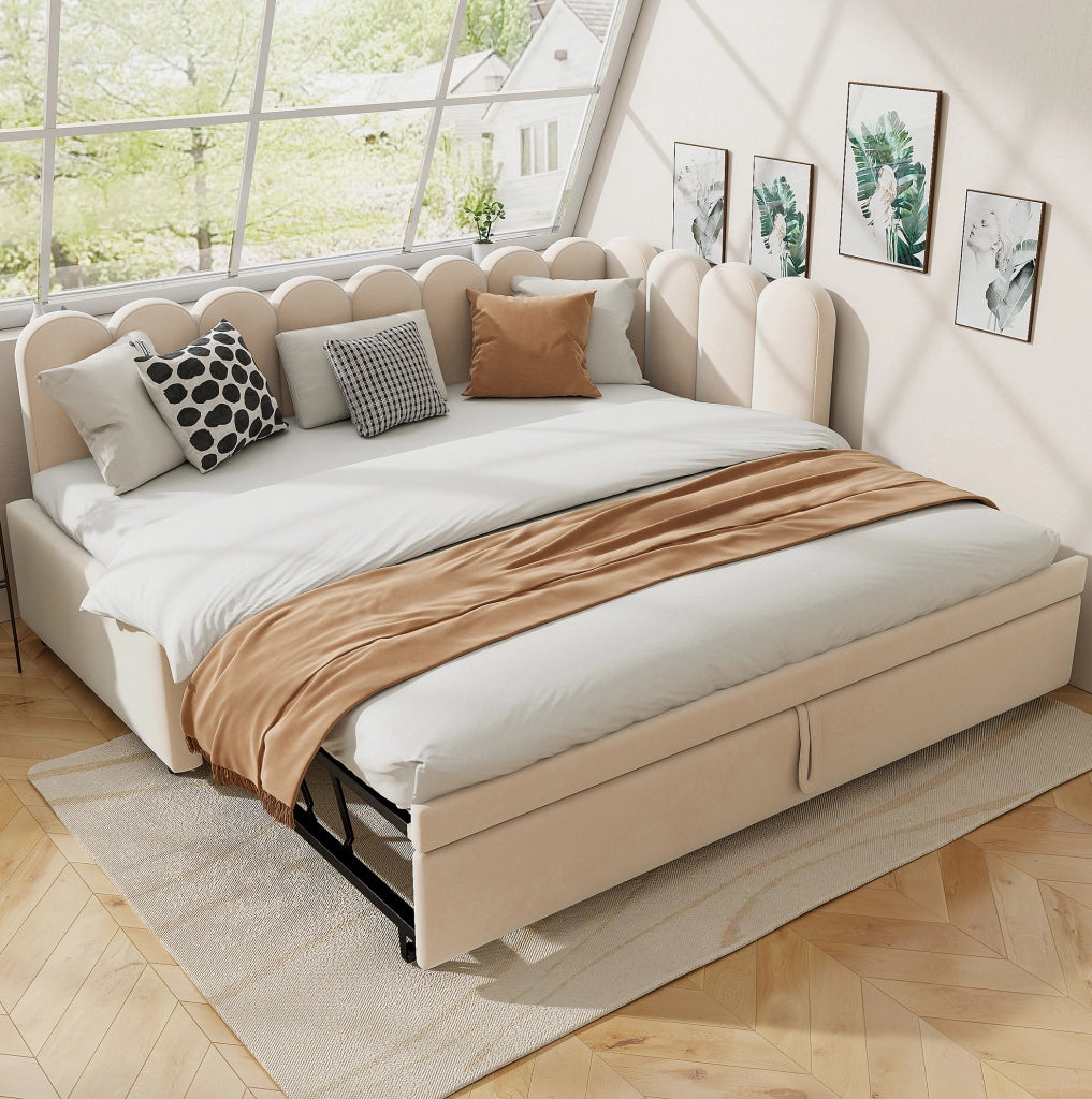 Divano letto L-shaped 90x200 cm in velluto con letto estraibile; beige