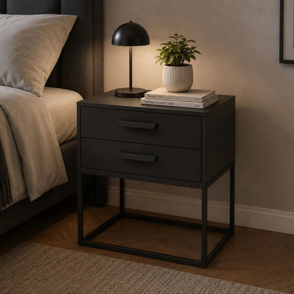 Lelabati, Comodino 2 Cassetti, 60x39x65h cm Nero Antracite