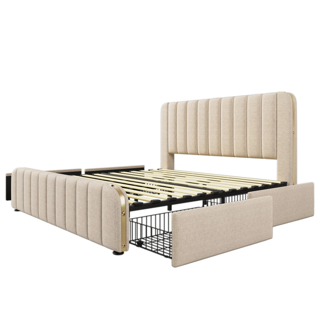 letto matrimoniale 180¡Á200 cm, imbottito, con presa USB/Type-C per la ricarica, 4 cassetti, beige