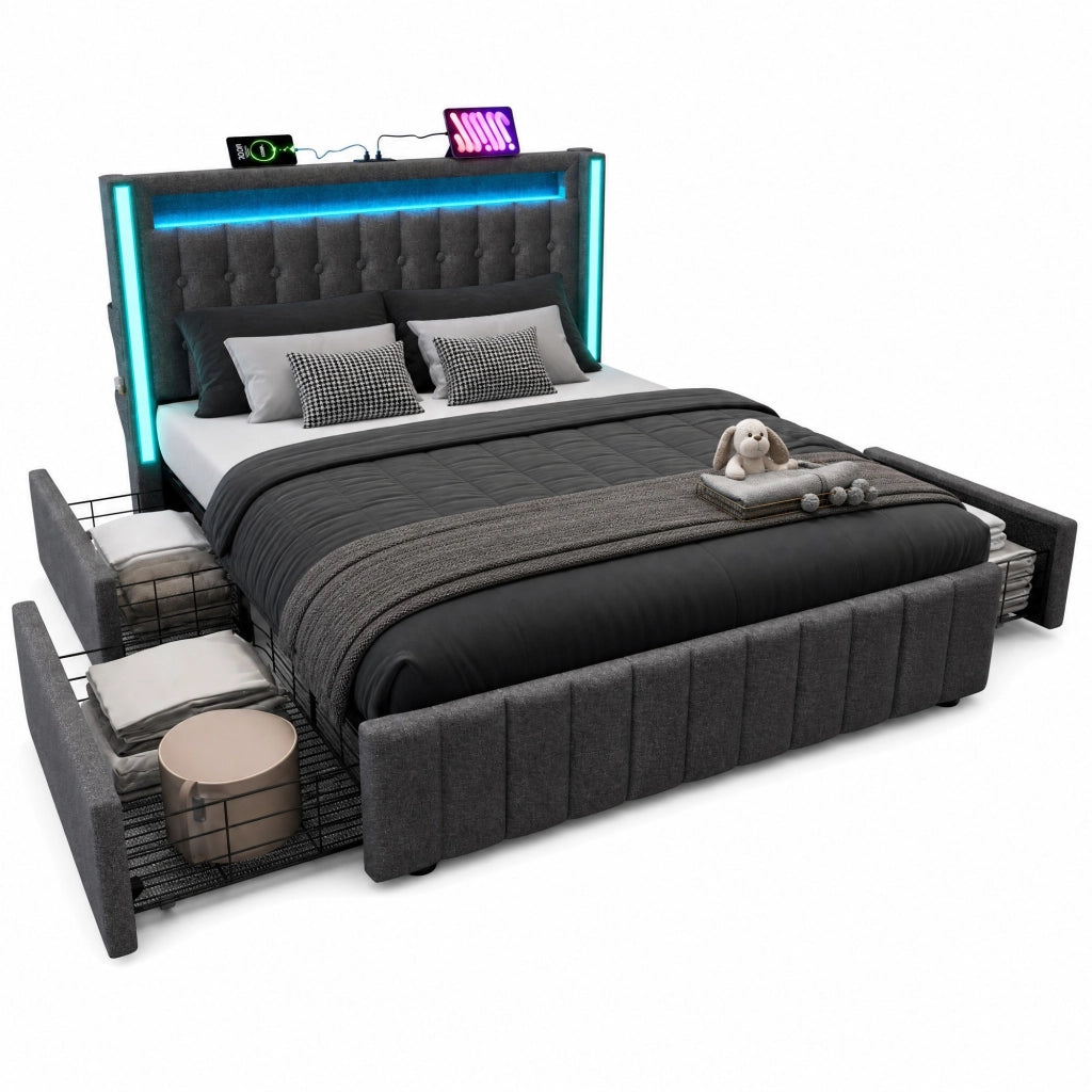 Letto matrimoniale imbottito 140x200 cm con LED, ricarica USB/Type-C e 4 cassetti, grigio