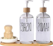Dispensatore di sapone vetrato con pompa e spazzola per piatti in bambù - set di 2 dispensatori di sapone da cucina - decorazione rurale - bianco
