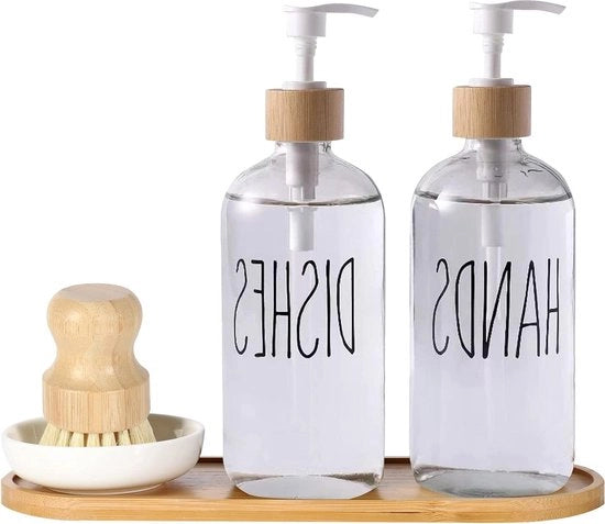 Dispensatore di sapone vetrato con pompa e spazzola per piatti in bambù - set di 2 dispensatori di sapone da cucina - decorazione rurale - bianco