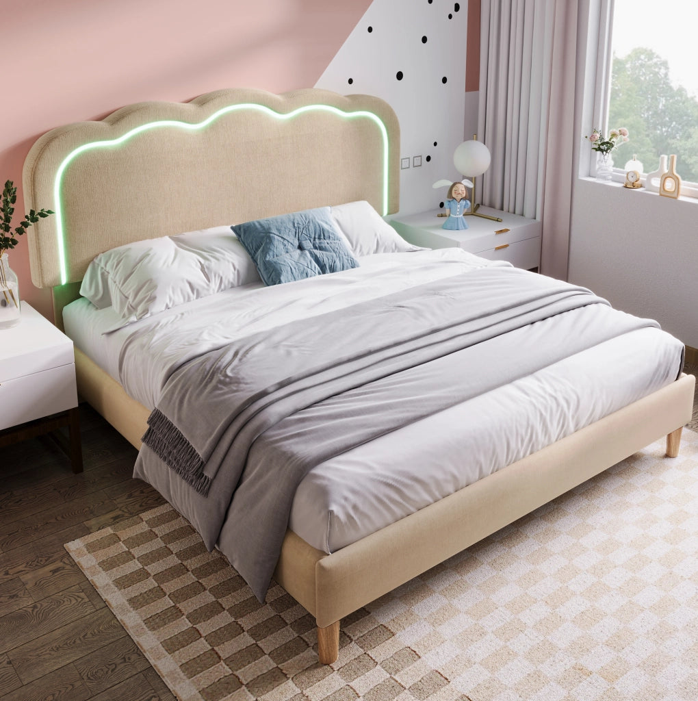 Letto matrimoniale imbottito 140x200 cm con testiera LED regolabile; beige