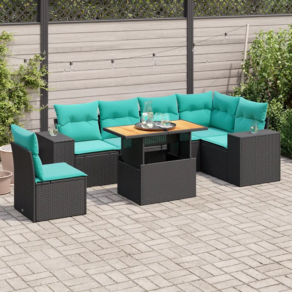 Set Divani da Giardino con Cuscini 7pz Nero Polyrattan