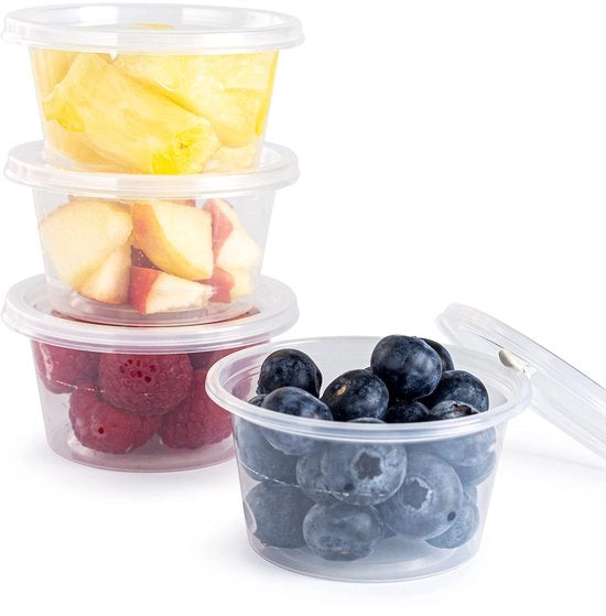 100 contenitori in plastica con coperchio, 118 ml, contenitori di conservazione rotondi, piccoli contenitori per salse per cibo, consegna, catering, ristoranti per salse, dips e insalate