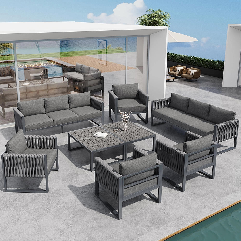 Set da giardino 10 posti - Xylo - Piedi regolabili, cuscini, struttura in acciaio inossidabile, grigio