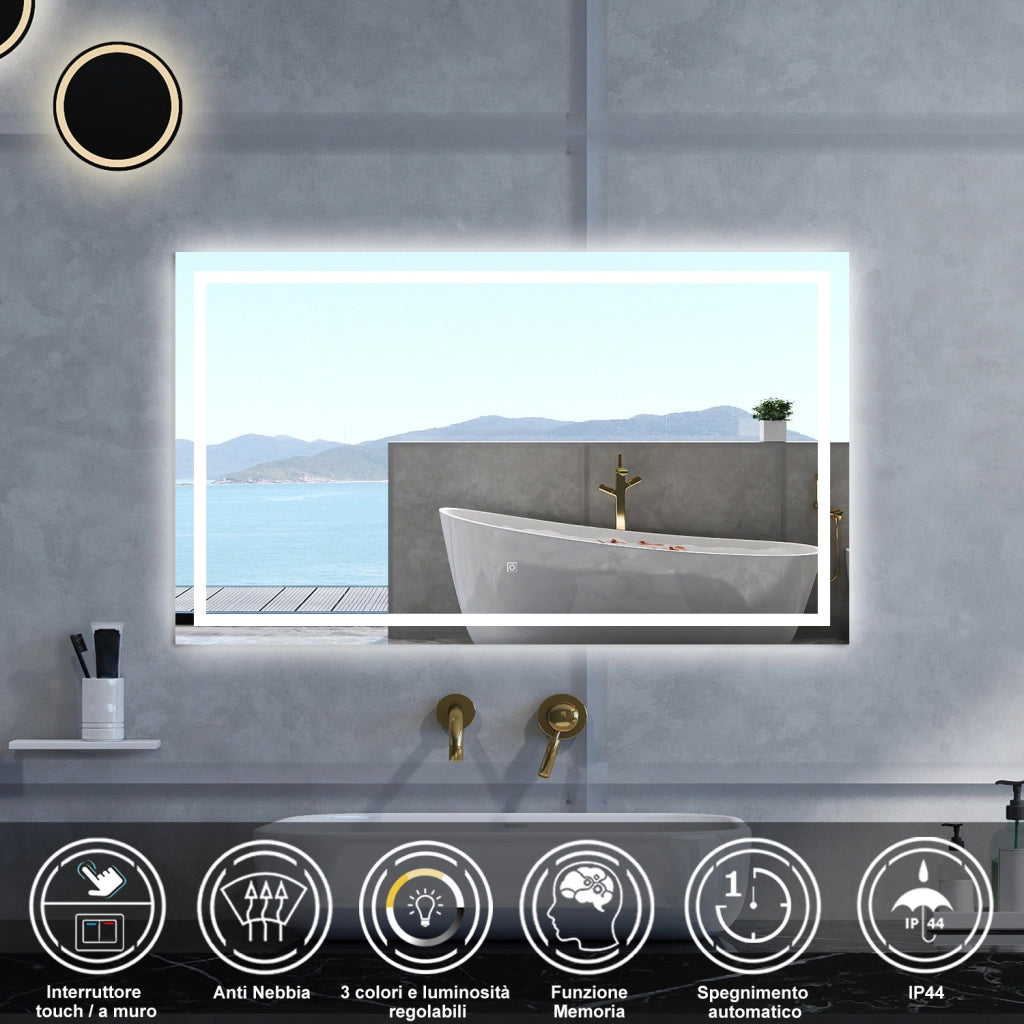 Specchio da bagno Rettangolare con 70x50cm,3 colori,Memoria, Antifog,Regorabile,Retroilluminato,doppio interruttore,